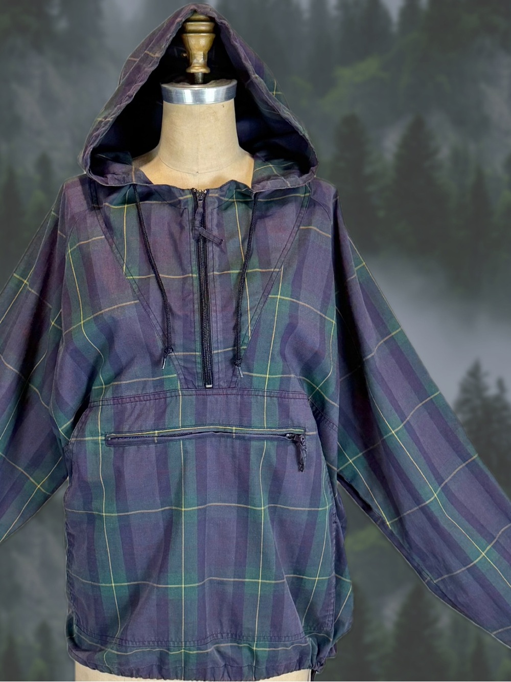 VINTAGE blackwatch plaid pullover jacket windbreaker hoodie Henley quarter zip